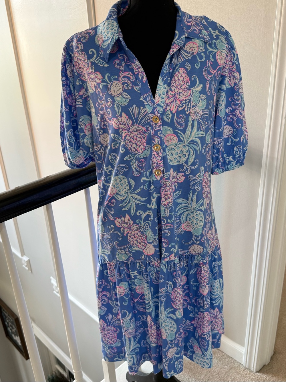 Lilly Pulitzer Blue Floral & Pineapple Button-Front Dress